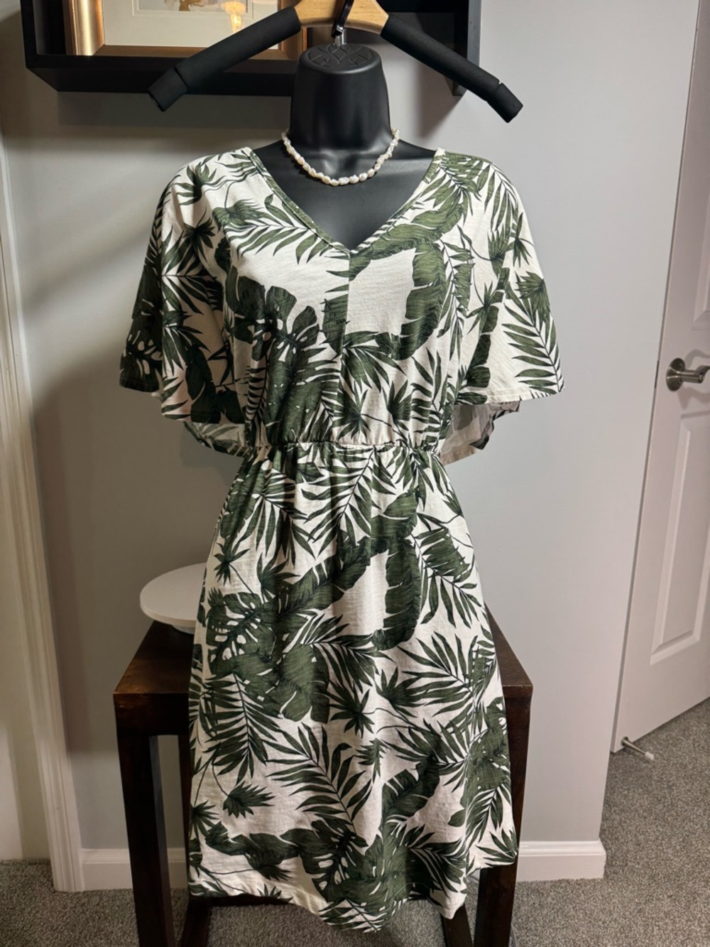 H&M White V-Neck Dress with Green Tropical Leaf Print